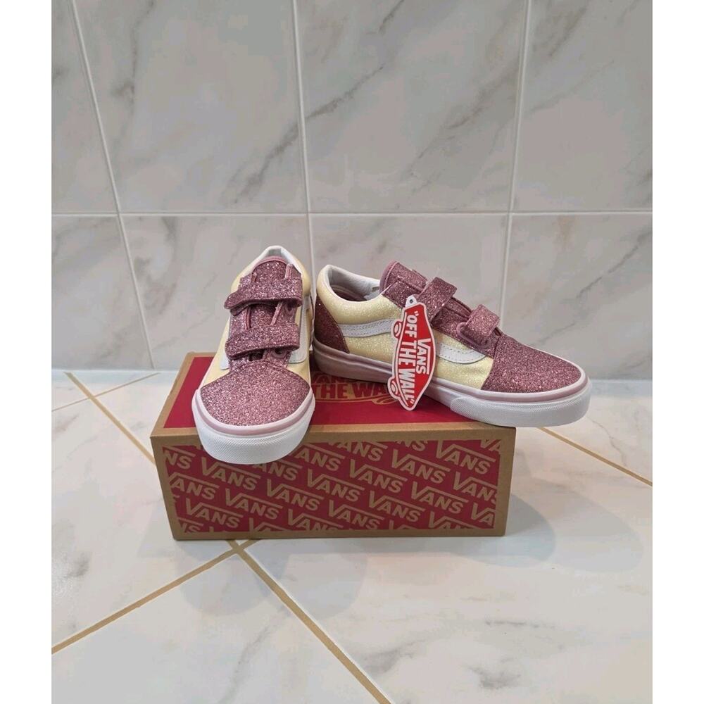 Vans Girls Old Skool V Sneakers Glitter Two-Tone Hook And Loop Size 3 NEW IN BOX